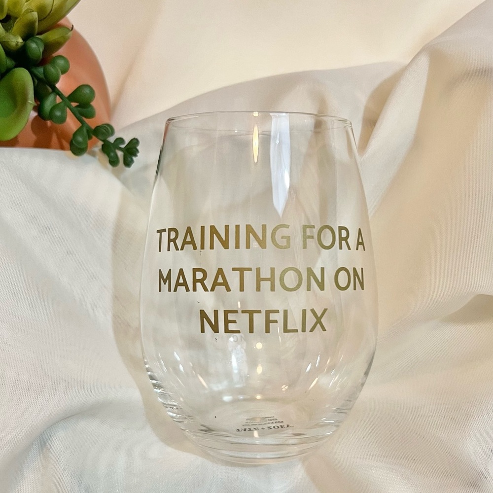 Stemless Wine Glass - “Training for a Marathon on Netflix” NEW IN BOX.